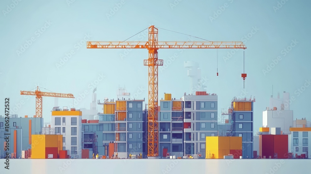 A low-poly 3D rendering of a cityscape under construction with cranes and buildings in various stages of completion. A low-poly 3D rendering of a cityscape under construction with cranes and buildings in various stages of completion.