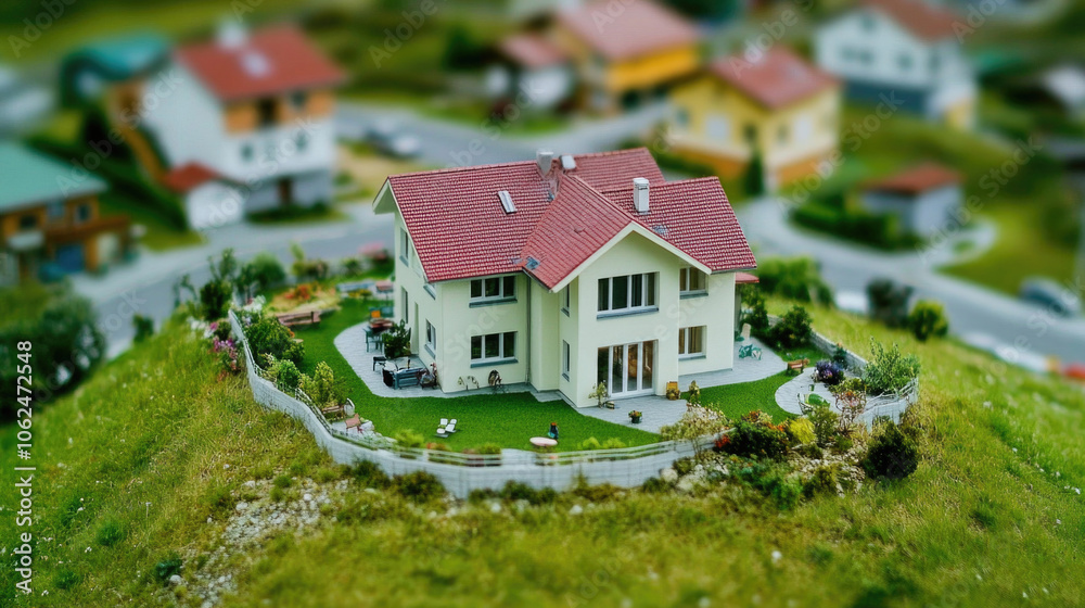 Miniature house with red roof surrounded by lush greenery in serene neighborhood Miniature house with red roof surrounded by lush greenery in serene neighborhood