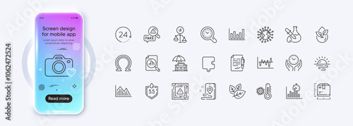 Place, Ph neutral and Organic product line icons for web app. Phone mockup gradient screen. Pack of 24 hours, Coronavirus, Discrimination pictogram icons. Vector