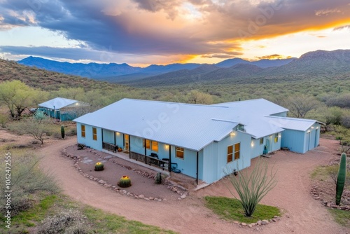 Modern desert home at sunset with mountain views and dramatic sky