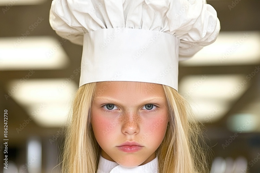 Portrait of a young girl in chef's hat with intense expression Portrait of a young girl in chef's hat with intense expression