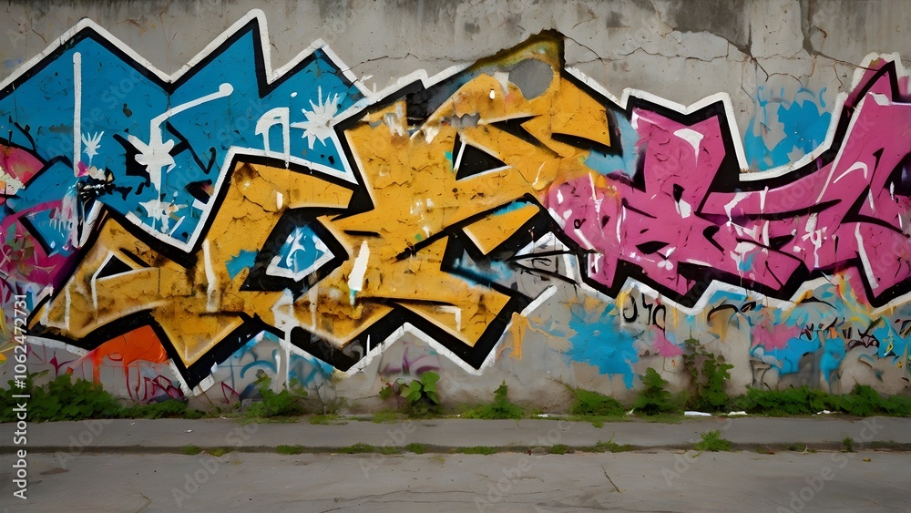 Fototapeta premium Dynamic Urban Concrete Texture with Vibrant Graffiti Art and Raw Details