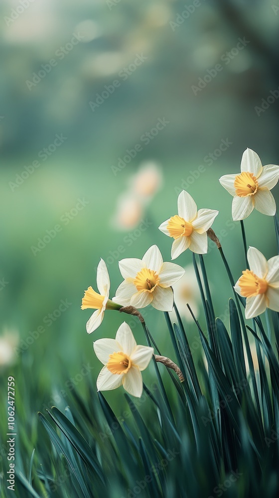 Daffodils blooming in a serene green field during springtime in soft morning light Daffodils blooming in a serene green field during springtime in soft morning light