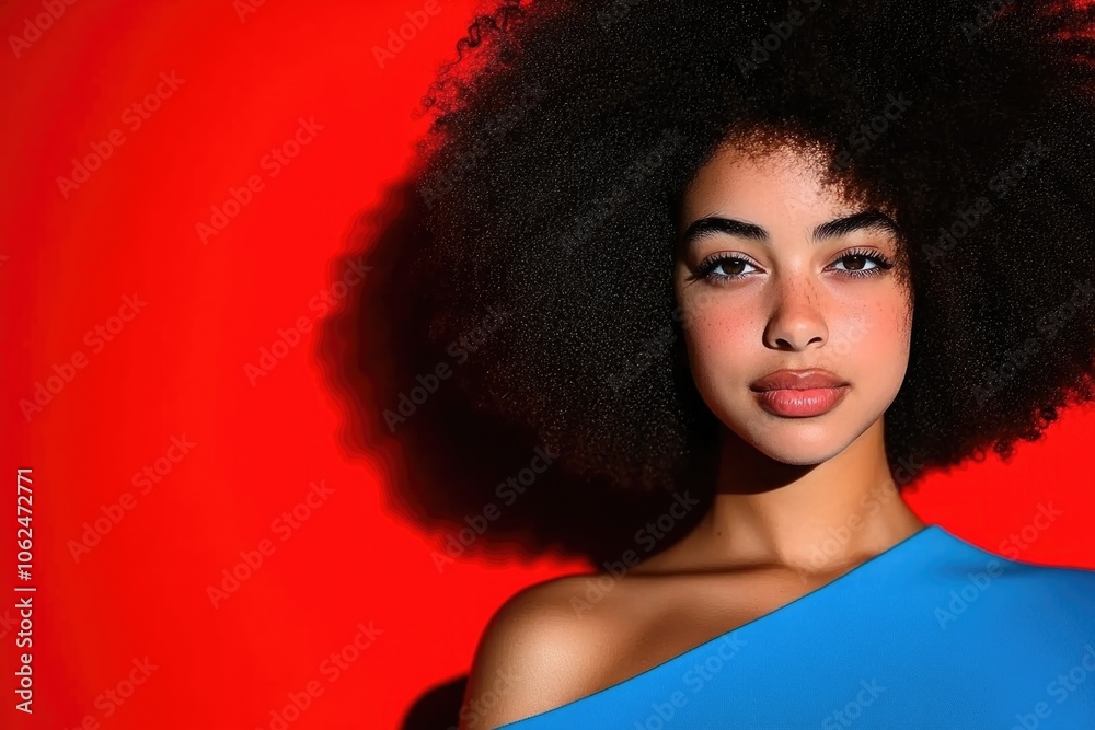 Vibrant portrait of woman with natural afro against bold red background Vibrant portrait of woman with natural afro against bold red background