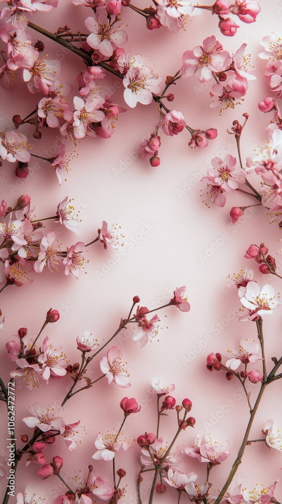 Beautiful cherry blossom branch with delicate pink flowers against a soft pink background