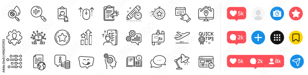 Fototapeta premium Web timer, Dots message and Megaphone checklist line icons pack. Social media icons. Cogwheel, Event click, Survey web icon. Work home, Thoughts, Professional pictogram. Vector