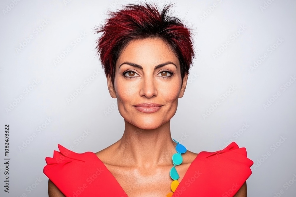 Stylish woman with red hair and geometric necklace in bold red outfit Stylish woman with red hair and geometric necklace in bold red outfit