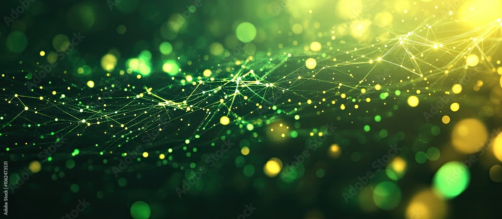 Abstract green and gold background with bokeh and glowing lines. Abstract green and gold background with bokeh and glowing lines.