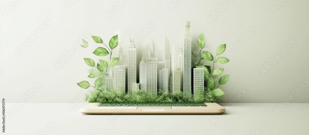Laptop with a miniature city made of paper and surrounded by green leaves. Laptop with a miniature city made of paper and surrounded by green leaves.