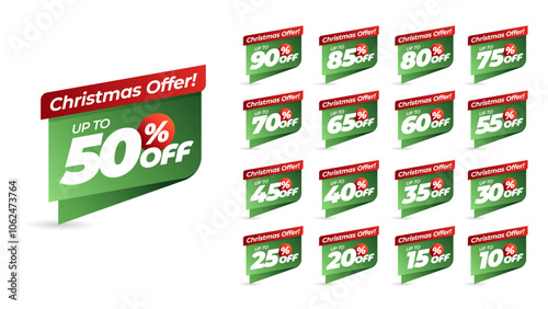 Special offer winter or christmas discount with different value percent off 90, 85, 80, 75, 70, 65, 60, 55, 50, 45, 40, 35, 30, 25, 20, 15, 10 percentage price reduction label. Sale offer emblem set.