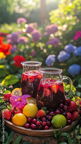 Refreshing fruit cocktails displayed amidst vibrant flowers in a sunny garden setting