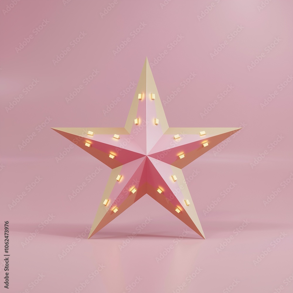 Obraz premium Minimalistic 3D rendering of a pink star marquee light decoration symbolizing Hollywood glamor and success on a soft pastel background.