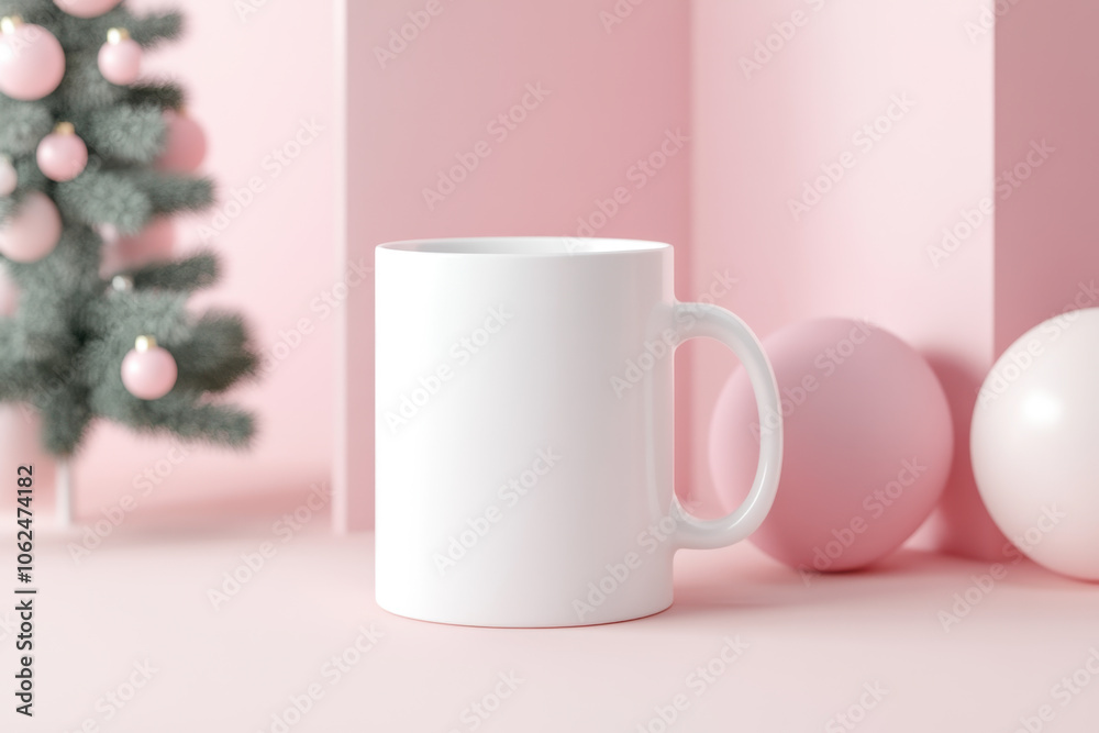Mockup. White coffee mug mock up for Christmas. Blank coffee cup, mini Christmas tree and decorations on geometric pastel pink background Mockup. White coffee mug mock up for Christmas. Blank coffee cup, mini Christmas tree and decorations on geometric pastel pink background