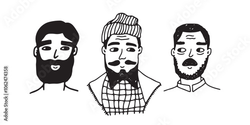 Trendy line black white men faces or heads drawings. Vector set of illustrations of adult people with mustache and beard on white background