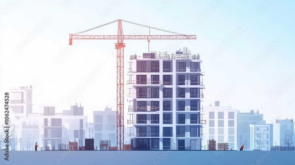 Fototapeta premium Construction crane lifting building materials for a high-rise building under construction.