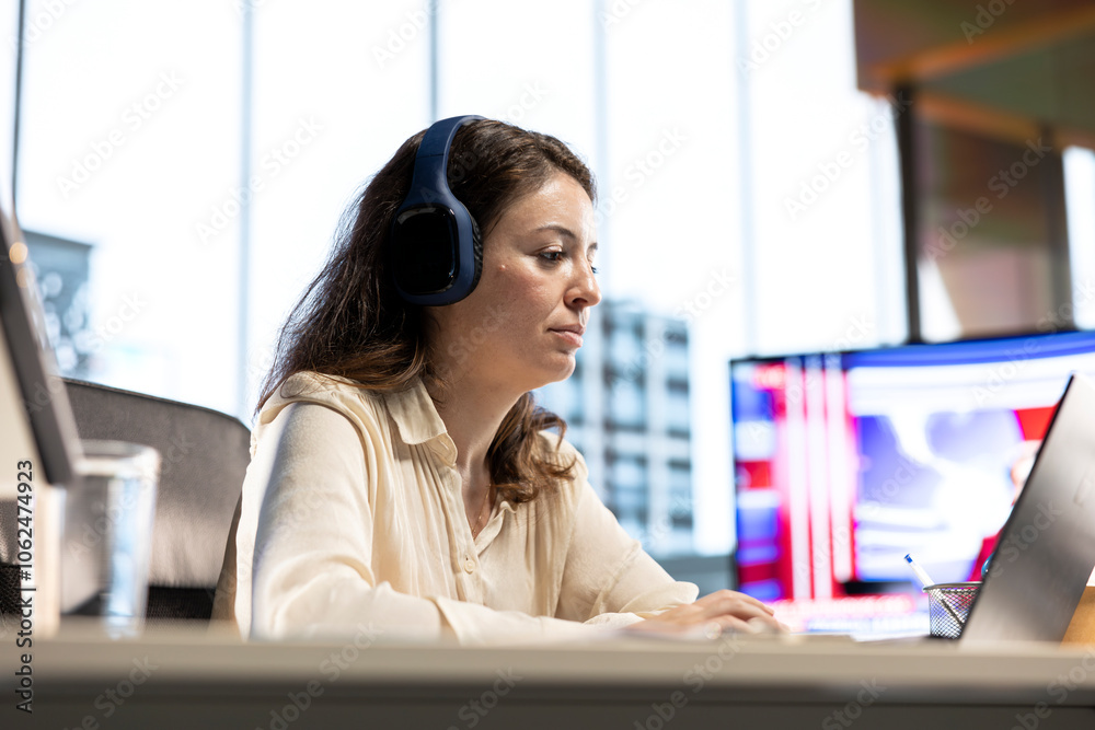 © DC Studio - Young woman leader listening to a podcast while she solves daily business tasks in high end office, corporate success story. Female CEO working with music in her headphones, determination. © DC Studio - Young woman leader listening to a podcast while she solves daily business tasks in high end office, corporate success story. Female CEO working with music in her headphones, determination.