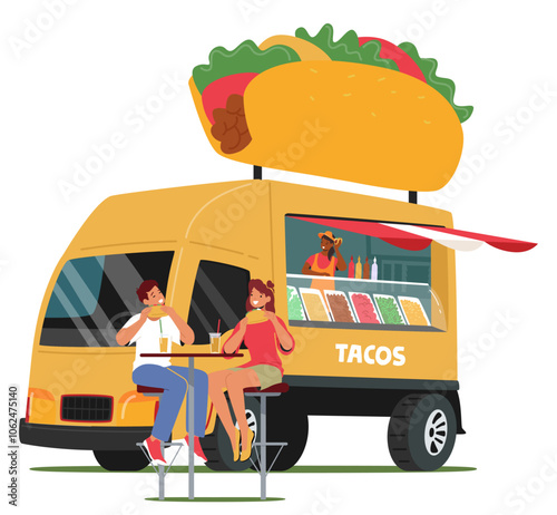 Colorful Taco Food Truck With Giant Taco Sign On Top Serves Customers At An Outdoor Event. Two People Enjoy Their Tacos
