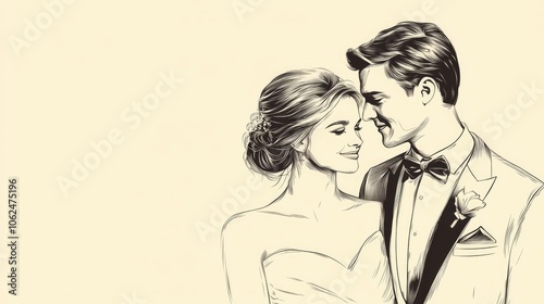 A bride and groom looking lovingly at each other, drawn in black and white.