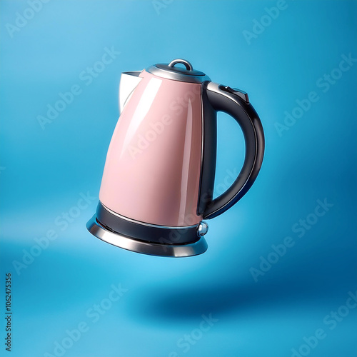 a electric kettle floating or flying isolated on light blue background