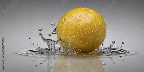 Lebendige Zitrone mit Wassertropfen, festgehalten im Moment des Eintauchens in Wasser, mit erfrischender Spritzbewegung für sommerliche Frische und Lebendigkeit photo