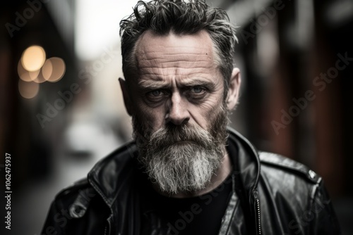 Portrait of a handsome middle-aged man with a long beard and mustache in a black leather jacket on a city street