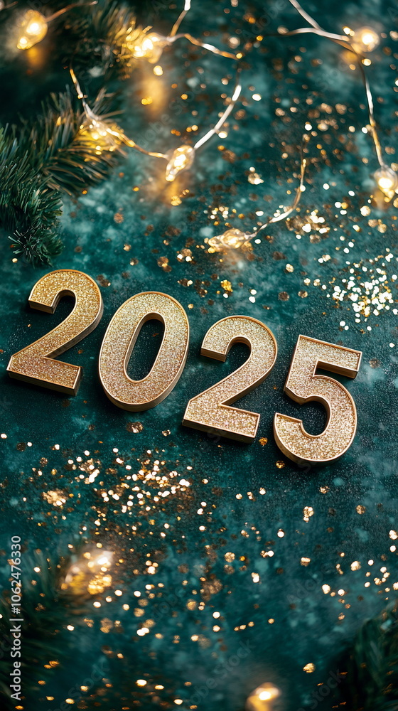 Gold metal numbers 2025 resting on a deep emerald green backdrop with luxurious gold sparkles, fairy lights, and scattered confetti, creating an opulent New Year feel. Vertical social media banner Gold metal numbers 2025 resting on a deep emerald green backdrop with luxurious gold sparkles, fairy lights, and scattered confetti, creating an opulent New Year feel. Vertical social media banner
