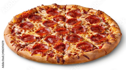 Crispy pepperoni pizza with melted mozzarella and spicy pepperonis on a white background