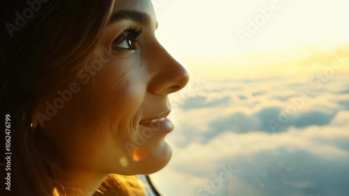 Contemplative Woman Admiring Sky Through Airplane Window – Serene Travel Moment with Warm Golden Light and Soft Cloudscape