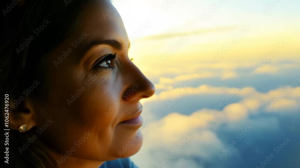 Contemplative Woman Admiring Sky Through Airplane Window – Serene Travel Moment with Warm Golden Light and Soft Cloudscape