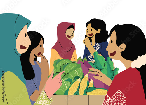 Asian Local Market Concept Illustrations. Women Gossiping while Shopping Vegetables in Street Vendor Illustration