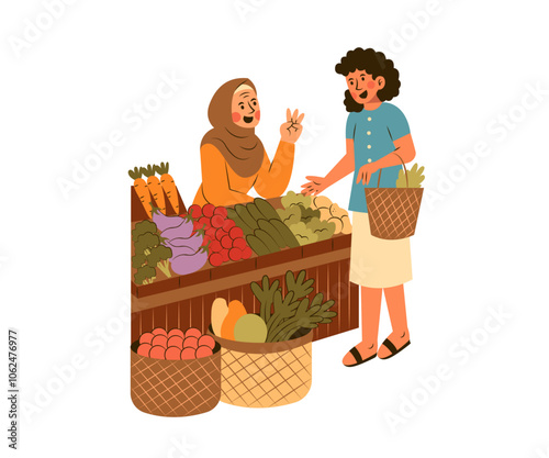 Asian Local Market Concept Illustrations. Woman Bargaining with a Seller at the Local Market Illustration