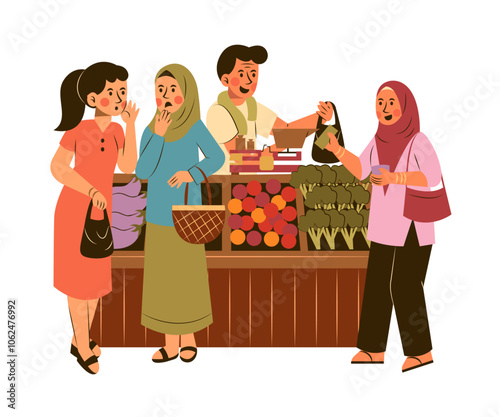 Asian Local Market Concept Illustrations. Women Gossiping while Shopping in a Market Illustration  