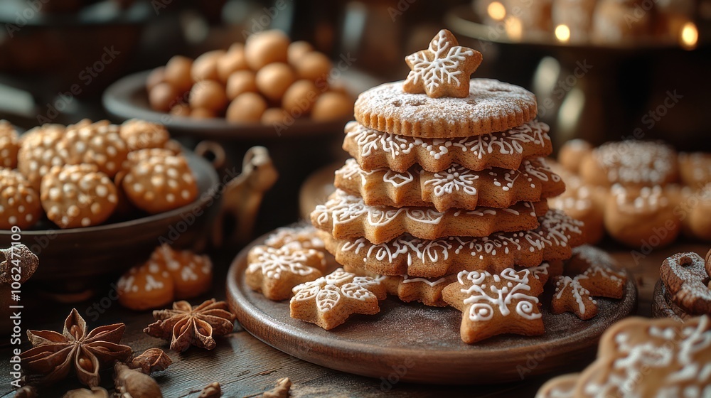 A festive gingerbread tree made from cookies decorated with white icing and a snowflake on top, surrounded by other gingerbread cookies in various shapes, star anise, cinnamon sticks, and nuts. A festive gingerbread tree made from cookies decorated with white icing and a snowflake on top, surrounded by other gingerbread cookies in various shapes, star anise, cinnamon sticks, and nuts.