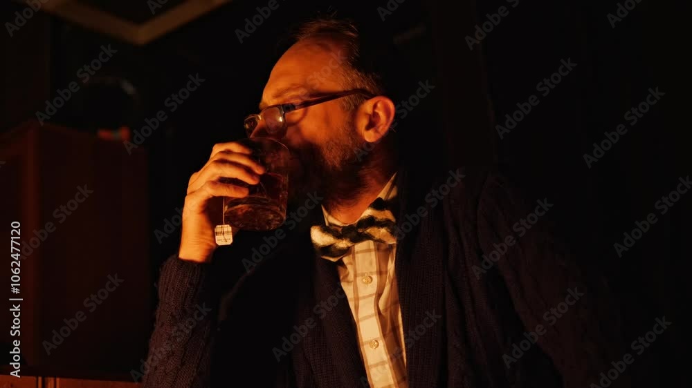 A male professor with glasses and a checkered shirt sits thoughtfully in his dimly lit study, illuminated by a warm lamp as he enjoys a cup of tea A male professor with glasses and a checkered shirt sits thoughtfully in his dimly lit study, illuminated by a warm lamp as he enjoys a cup of tea
