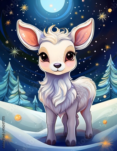 Charming, cute reindeer baby in a winter meadow, against the backdrop of a starry winter night, round background with poenies, sticker