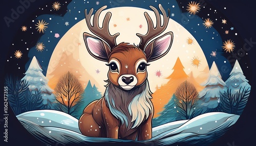 Charming, cute reindeer baby in a winter meadow, against the backdrop of a starry winter night, round background with poenies, sticker