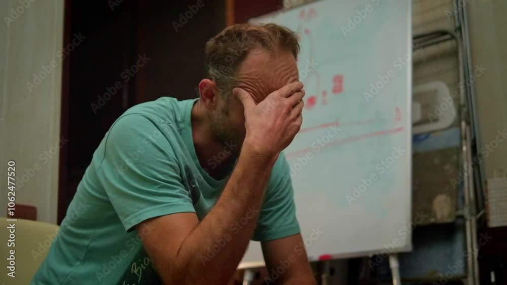 A man sits alone in his bedroom, overwhelmed by stress and worry as he grapples with a difficult problem. His body language and facial expressions convey anxiety and deep thought A man sits alone in his bedroom, overwhelmed by stress and worry as he grapples with a difficult problem. His body language and facial expressions convey anxiety and deep thought