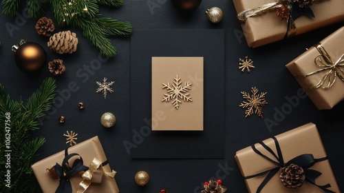 Festive Holiday Gifts and Decorations Flat Lay Scene photo