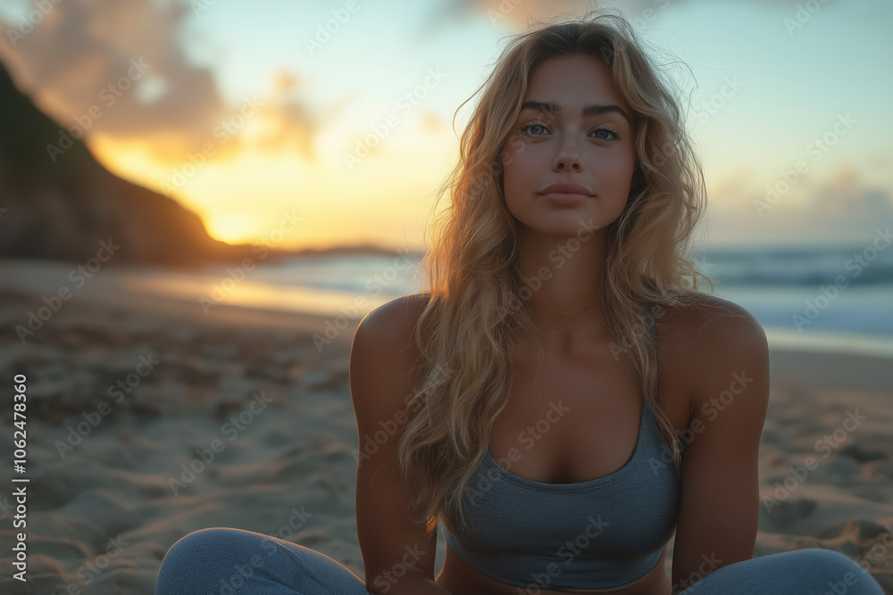 Portrait of a Woman Relaxing on Sandy Beach at Sunset by the Ocean Outdoors