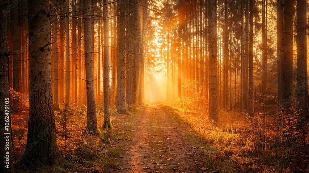 Fototapeta premium A calm forest trail with golden sunlight filtering through the foliage