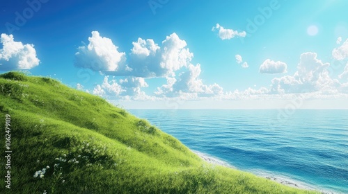 Fototapeta Naklejka Na Ścianę i Meble -  A peaceful seaside landscape shot with grassy hills sloping down to the ocean under a clear blue sky.