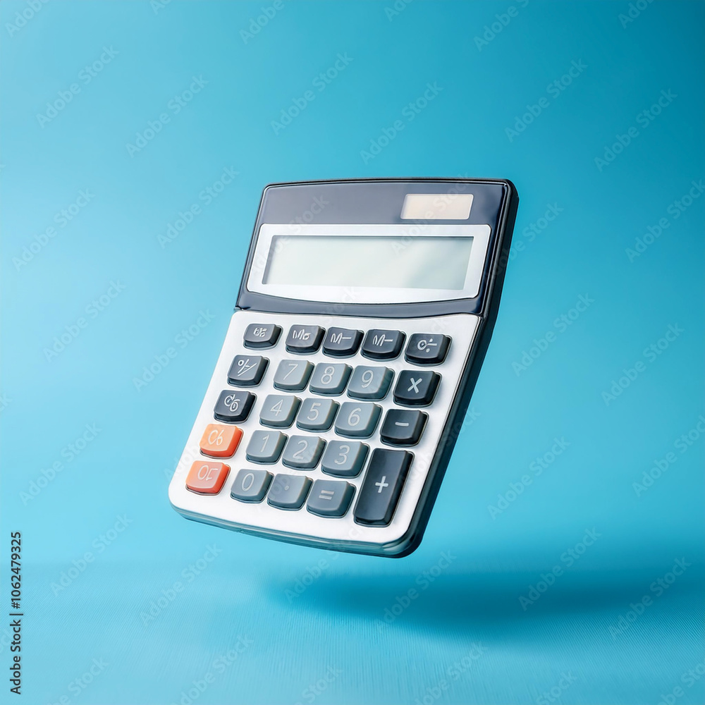 Calculator floating or flying isolated on light blue background Calculator floating or flying isolated on light blue background