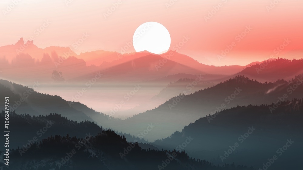 Fototapeta premium Serene mountain landscape with colorful sunrise or sunset sky.