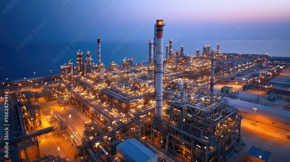 Fototapeta premium Photograph of an oil refinery illuminated at dusk with a calm sea in the background.