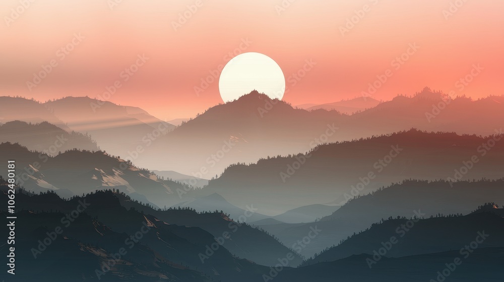 Fototapeta premium Sunset over foggy mountains with ethereal light and gradient sky.