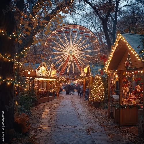 Ferris wheel with seasonal decorations, like holiday lights or flags photo