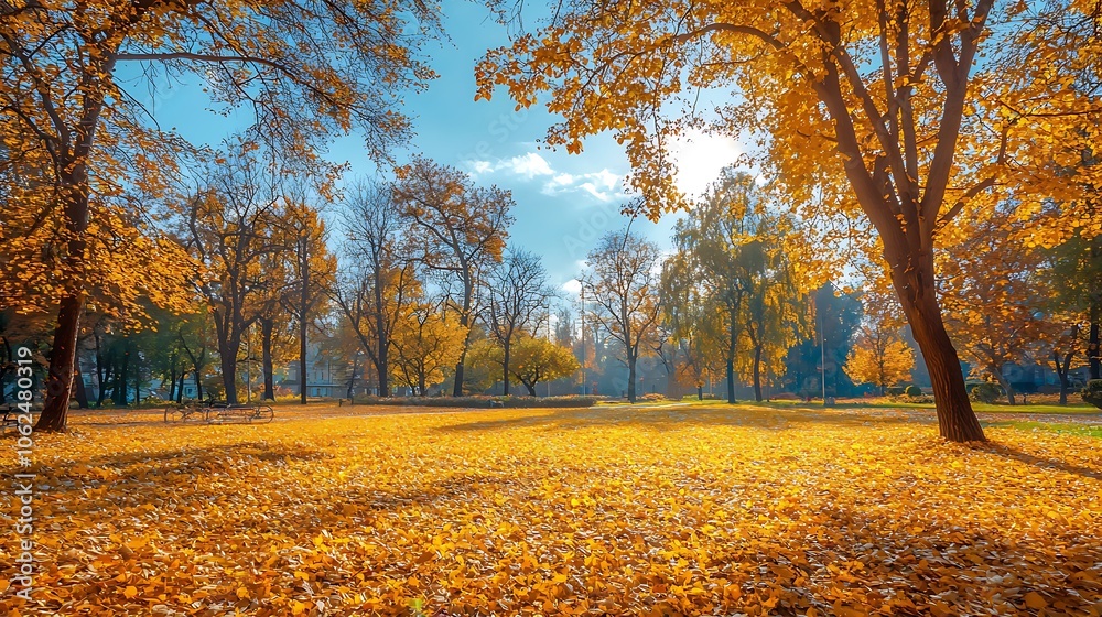 Fototapeta premium Another colorful autumn landscape with a yellow leaf carpet in a sunny park setting.