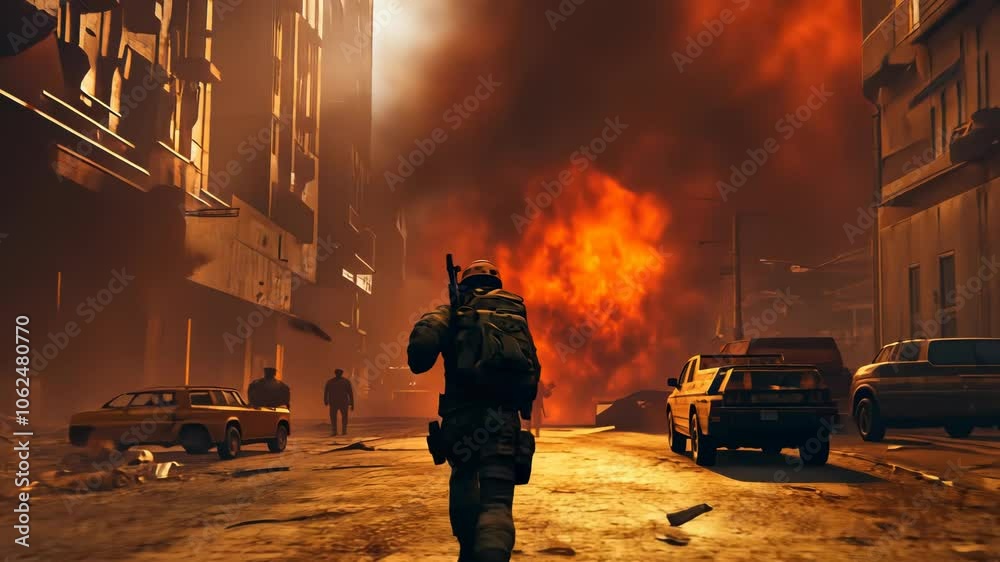 Soldier Running From Explosion in War-Torn City Soldier Running From Explosion in War-Torn City