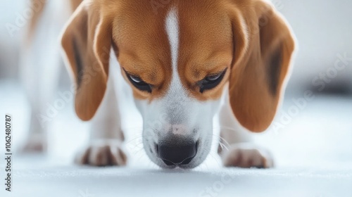 Beagle dog sniffing the ground, exploring with its nose photo