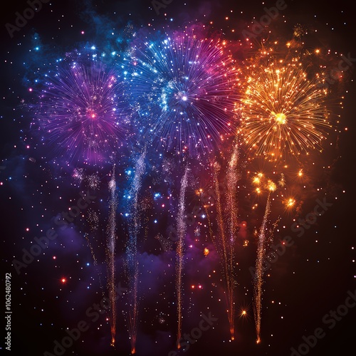 Vector of fireworks with vibrant trails and glowing particles